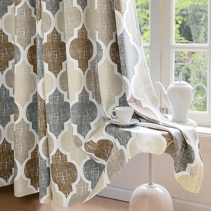 Beauoop 100% Blackout Curtains 96 Inches Long 2 Panels for Bedroom Living Room Brown Grey Moroccan Geo Room Darkening Thermal Insulated Soundproof Grommet Top Window Treatments Drapes, 50x96 Set of 2 by Beauoop