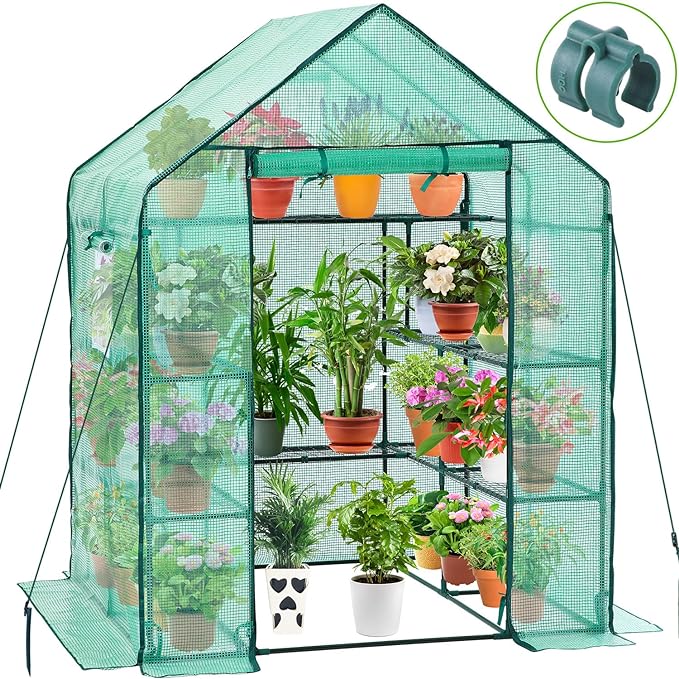 Greenhouse for Outdoors with Screen Windows, Ohuhu Upgraded 4 Tiers 11 Shelves Walk-in Greenhouses with Durable PE Cover, Outside Garden Plastic Green House with Ground Pegs & Ropes for Stability by Ohuhu