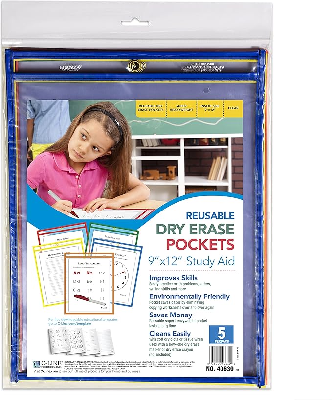 C-Line Reusable Dry Erase Pockets, 9 x 12 Inches, Assorted Primary Colors, 5 Pockets per Pack (40630) (Pack of 3) - Image 3