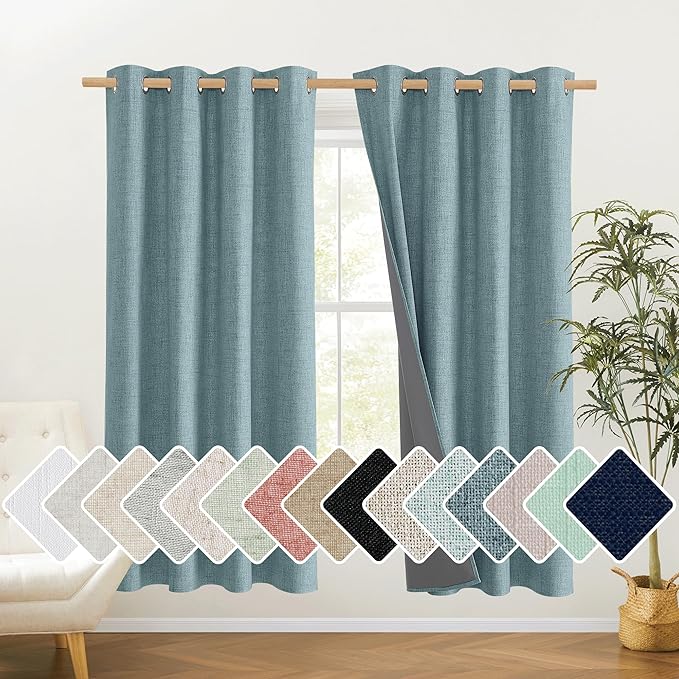 NICETOWN 100% Absolutely Blackout Linen Curtains with Thermal Insulated White Liner, Skylark Blue, 52 inches Wide, 72 inches Length Energy Saving Curtains for Living Room 2 Panels Set, Vertical Blinds by NICETOWN
