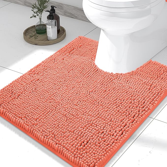 Smiry Luxury Chenille Toilet Rugs U-Shaped 24x20, Soft Absorbent Non-Slip Contour Bathroom Rugs for Toilet, Machine Washable Contoured Bath Mats, Coral by Smiry