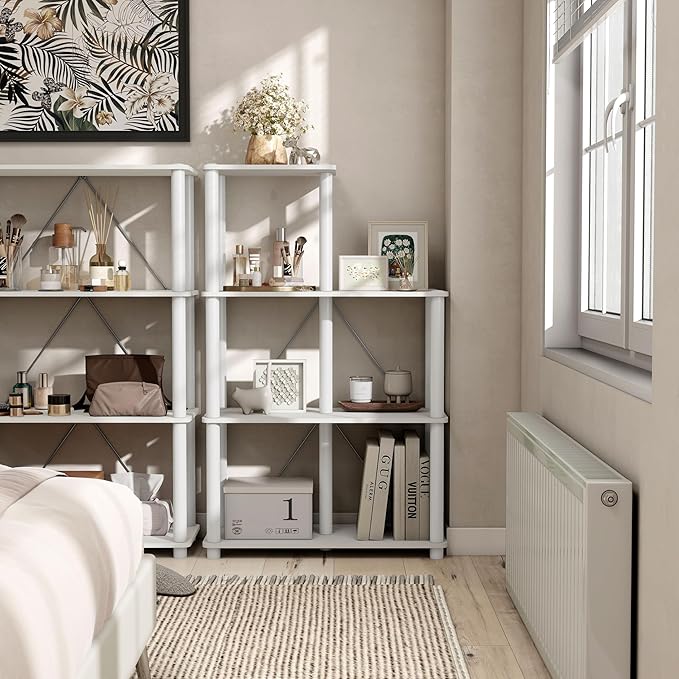 Homes: Inside + Out Apexa Modern 5-Cube Ladder Shelving Units, Collectibles Display Shelves, Easy Assembly Standing Shelf, Home Storage Organizer for Living Room, Bedroom, Office, White - Image 2
