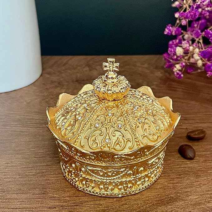 Crown Shape Jewelry Chest,Yurt Style Vintage Metal Gem Box,Round Alloy Retro Patterned Storage Case (Golden, S) - Image 2