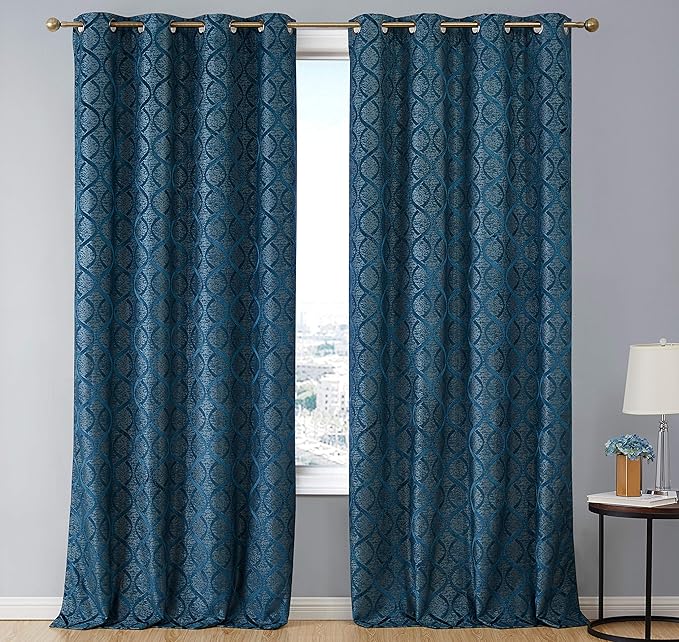 HLC.ME Versailles Lattice Flocked 100% Complete Blackout Thermal Insulated Window Curtain Grommet Panels - Energy Savings & Soundproof, for Living Room & Bedroom, Set of 2 (50 x 96 inches, Teal Blue) - Image 2
