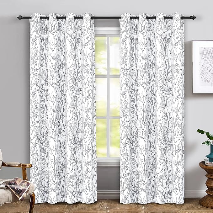 DriftAway Tree Branch Blackout Curtains Double Layer 90 Inches Long for Bedroom Printed Patterned Classic Thermal Insulated Summer Sound Lined Grommet Drapes for Living Room 2 Panels Gray/White by DriftAway