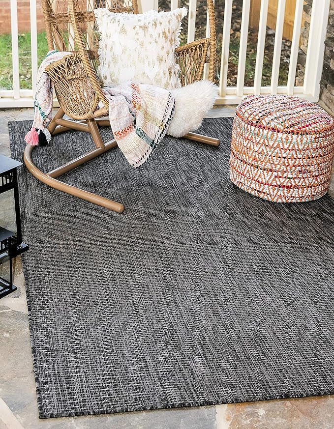 Unique Loom Collection Casual Transitional Solid Heathered Indoor/Outdoor Flatweave Area Rug (4' 1" x 6' 1" Rectangle, Black/Ivory) - Image 2