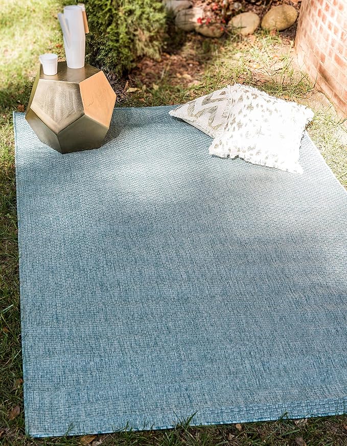Unique Loom Collection Casual Transitional Solid Heathered Indoor/Outdoor Flatweave Area Rug (4' 1" x 6' 1" Rectangle, Aquamarine/Ivory) - Image 2