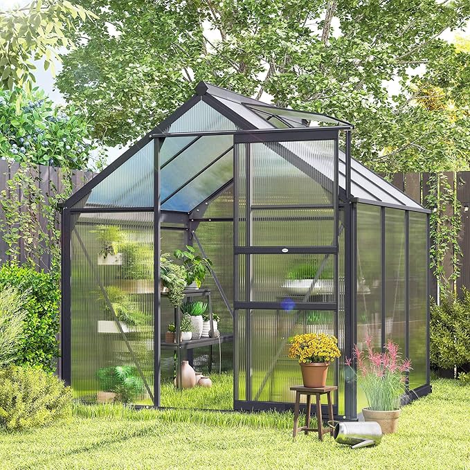 Outsunny 6' x 6' Greenhouse for Outdoors, Polycarbonate Greenhouse with Rain Gutter and Roof Vent, Aluminum Walk-in Green Houses for Outside for Patio Backyard Garden, Gray - Image 8