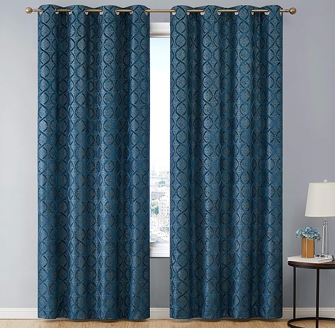 HLC.ME Versailles Lattice Flocked 100% Complete Blackout Thermal Insulated Window Curtain Grommet Panels - Energy Savings & Soundproof - For Living Room & Bedroom, Set of 2 (50 x 72 inches, Teal Blue) - Image 2