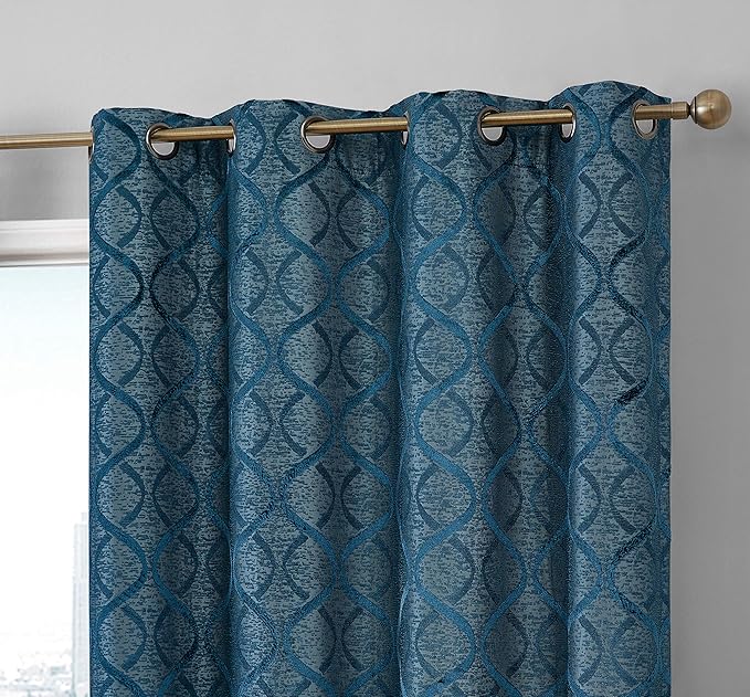 HLC.ME Versailles Lattice Flocked 100% Complete Blackout Thermal Insulated Window Curtain Grommet Panels - Energy Savings & Soundproof, for Living Room & Bedroom, Set of 2 (50 x 63 inches, Teal Blue) by HomeLinenCollections
