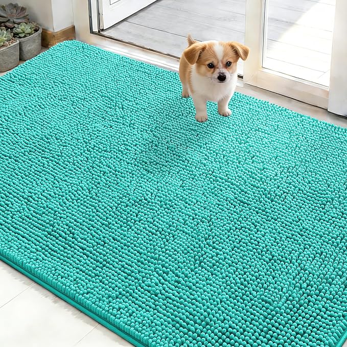 OLANLY Dog Door Mat for Muddy Paws 48x30, Absorbs Moisture and Dirt, Absorbent Non-Slip Washable Doormat, Quick Dry Chenille Mud Mat for Dogs, Entry Indoor Entryway Carpet for Inside Floor, Teal by OLANLY