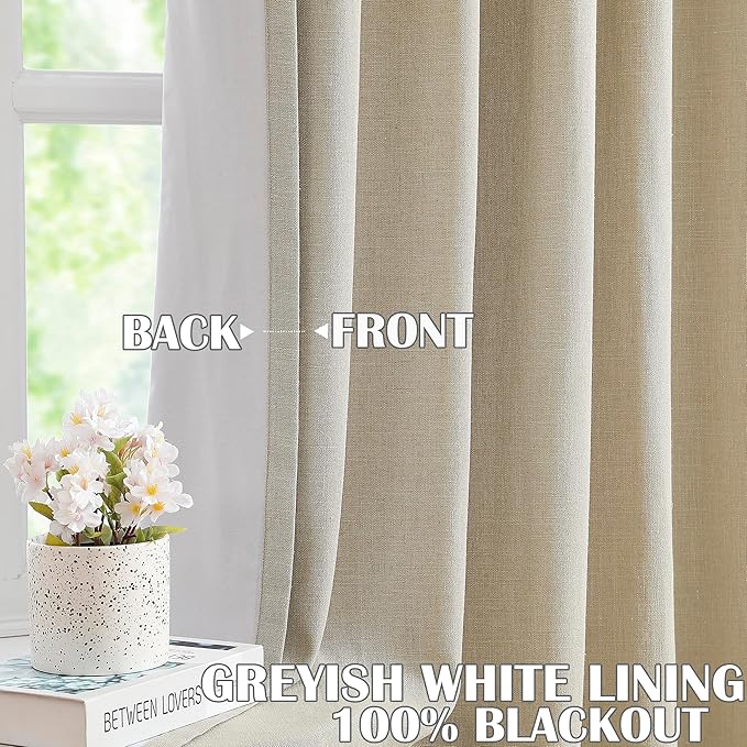 Kayne Studio Sand Pinch Pleated Full Blackout Curtains 90 Inch, Linen Blend Thermal Insulated Soundproof Room Darkening Back Tab Window Drapes with Hooks for Living Room Bedroom(2 Panels, 40"x90") - Image 2