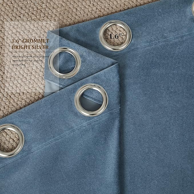 BULBUL Velvet Curtains 96 inches Luxury Elegant Living Room Curtain Modern Thermal Insulated Soundproof Privacy Room Darkening Floor to Ceiling Soft Grayish Blue Drapes for Bedroom Set of 2 - Image 3