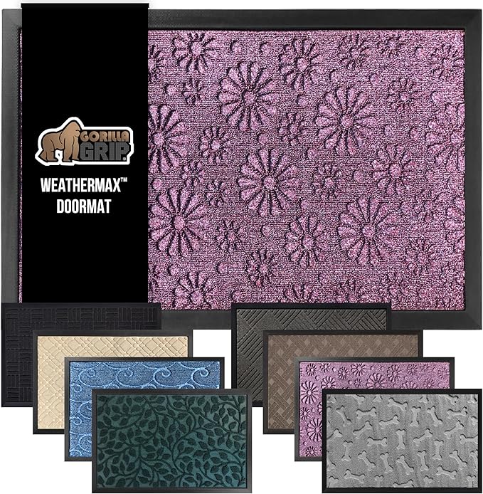 GORILLA GRIP 100% Waterproof All-Season WeatherMax Doormat, Durable Natural Rubber, Stain and Fade Resistant, Low Profile, Indoor Outdoor Door Mats, Easy Clean Entry Mat, 17x29, Purple Confetti Daisy by GorillaGrip