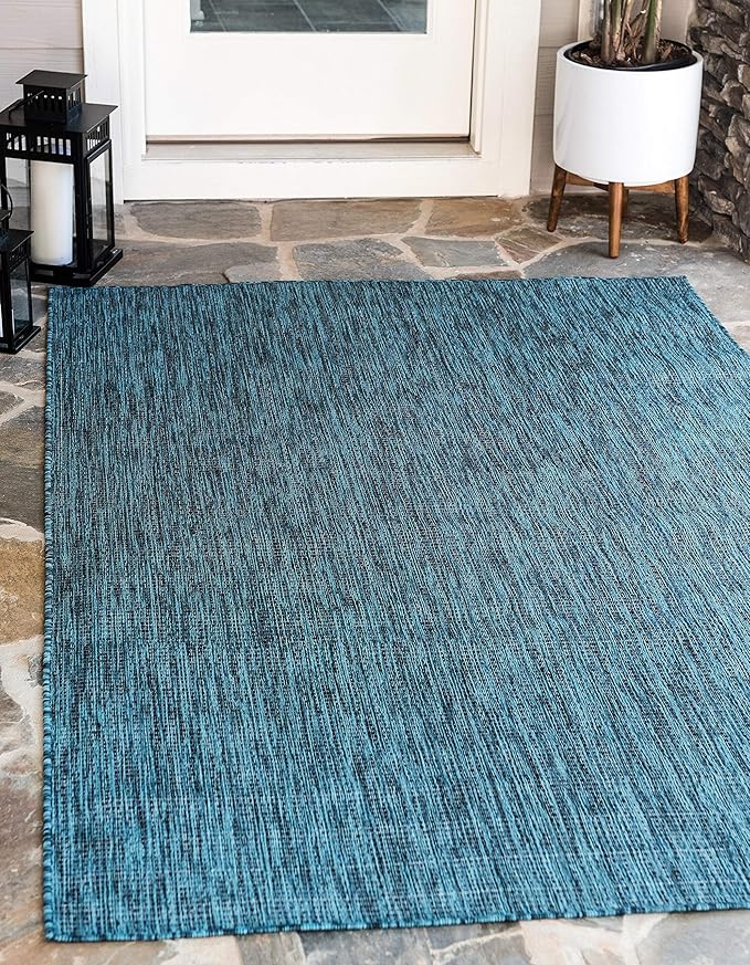 Unique Loom Collection Casual Transitional Solid Heathered Indoor/Outdoor Flatweave Area Rug (7' 1" x 10' Rectangle, Teal/Navy Blue) - Image 2