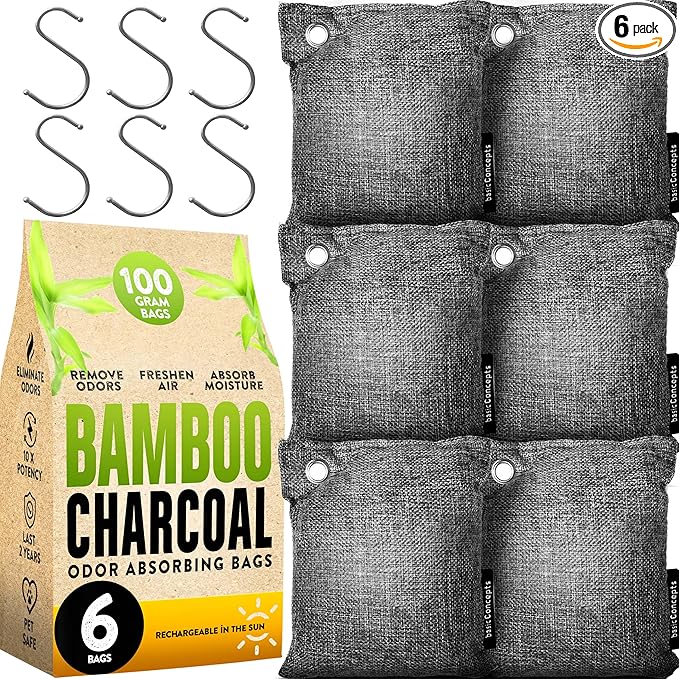 Charcoal Odor Absorber for Strong Odor (6 Pack, 100g each), Bamboo Charcoal Air Purifying Bag, Basement Musty Odor Eliminator Deodorizer, Activated Charcoal Odor Absorber for Closet, Shoe, Car by BASICCONCEPTS