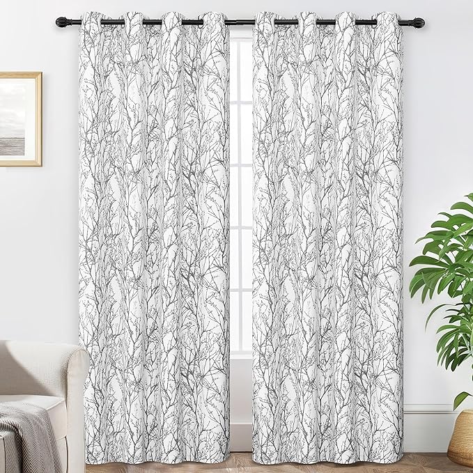 DriftAway Tree Branch Blackout Curtains Double Layer 102 Inches Long for Bedroom Printed Patterned Classic Thermal Insulated Summer Sound Lined Grommet Drapes for Living Room 2 Panels Gray/White by DriftAway
