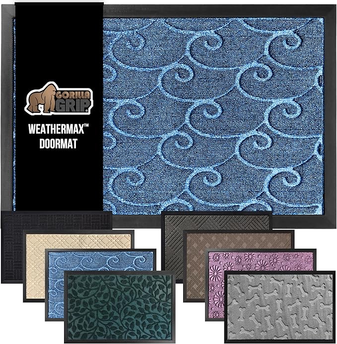 GORILLA GRIP 100% Waterproof All-Season WeatherMax Doormat 35x23, US Designed Natural Rubber, Stain and Fade Resistant, Low Profile Indoor Outdoor Door Mats, Easy Clean Patio Mat, Ocean Blue Waves by GorillaGrip