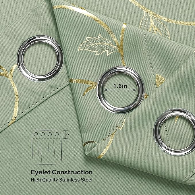 BUHUA Blackout Curtains Gold Foil Print Flower Vine Grommet Drapes, Room Darkening Thermal Insulated Curtains, Noise Reducing Curtain for Bedroom, Sage Green, 52Wx96L, 2 Panels - Image 6