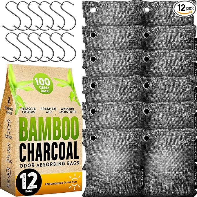Charcoal Odor Absorber for Strong Odor (Large, 12 Pack, 100g each), Perfect for Smelly Shoes, Bamboo Charcoal Air Purifying Bag, Activated Charcoal Odor Absorber for Closet, Shoe, Car, Odor Deodorizer by BASICCONCEPTS