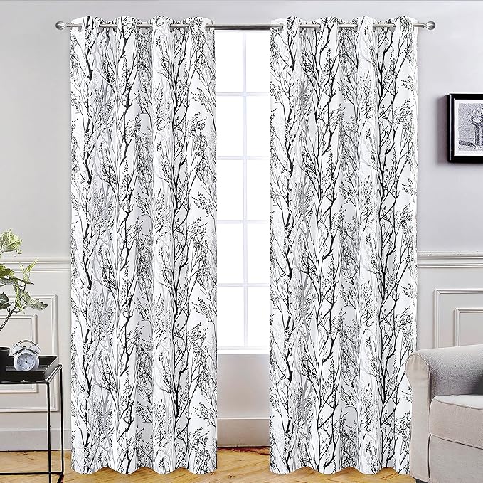 DriftAway Tree Branch Blackout Curtains Double Layer 96 Inches Long for Bedroom Printed Patterned Classic Thermal Insulated Summer Sound Lined Grommet Drapes for Living Room 2 Panels Black/White by DriftAway