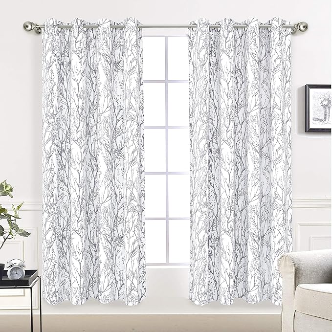 DriftAway Tree Branch Blackout Curtains Double Layer 63 Inches Long for Bedroom Printed Patterned Classic Thermal Insulated Summer Sound Lined Grommet Drapes for Living Room 2 Panels Gray/White by DriftAway