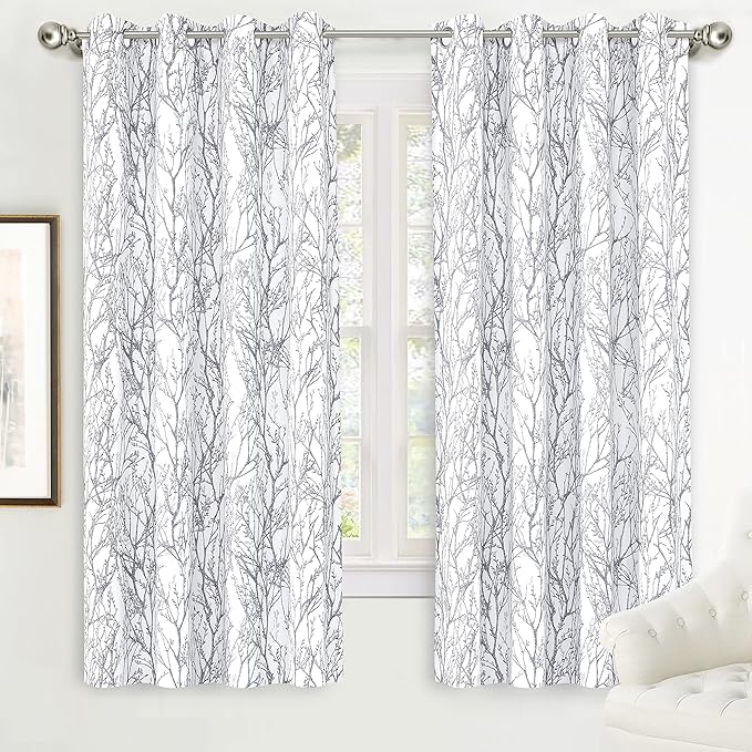DriftAway Tree Branch Blackout Curtains Double Layer 72 Inches Long for Bedroom Printed Patterned Classic Thermal Insulated Summer Sound Lined Grommet Drapes for Living Room 2 Panels Gray/White by DriftAway