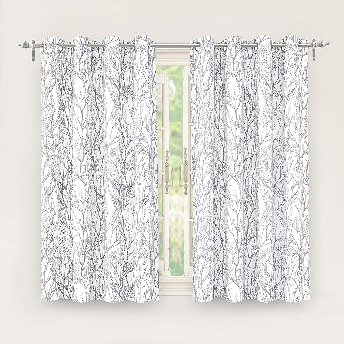DriftAway Tree Branch Blackout Curtains Double Layer 54 Inches Long for Bedroom Printed Patterned Classic Thermal Insulated Summer Sound Lined Grommet Drapes for Living Room 2 Panels Gray/White by DriftAway