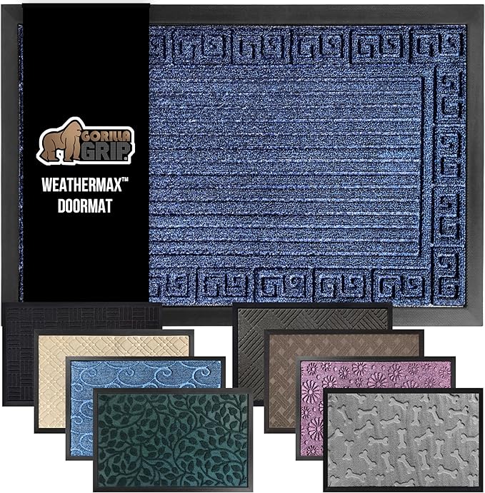 GORILLA GRIP 100% Waterproof All-Season WeatherMax Doormat, 72x24, US Designed Natural Rubber, Stain and Fade Resistant, Low Profile Indoor Outdoor Door Mats, Easy Clean Patio Mat, Navy Greek Keys by GorillaGrip