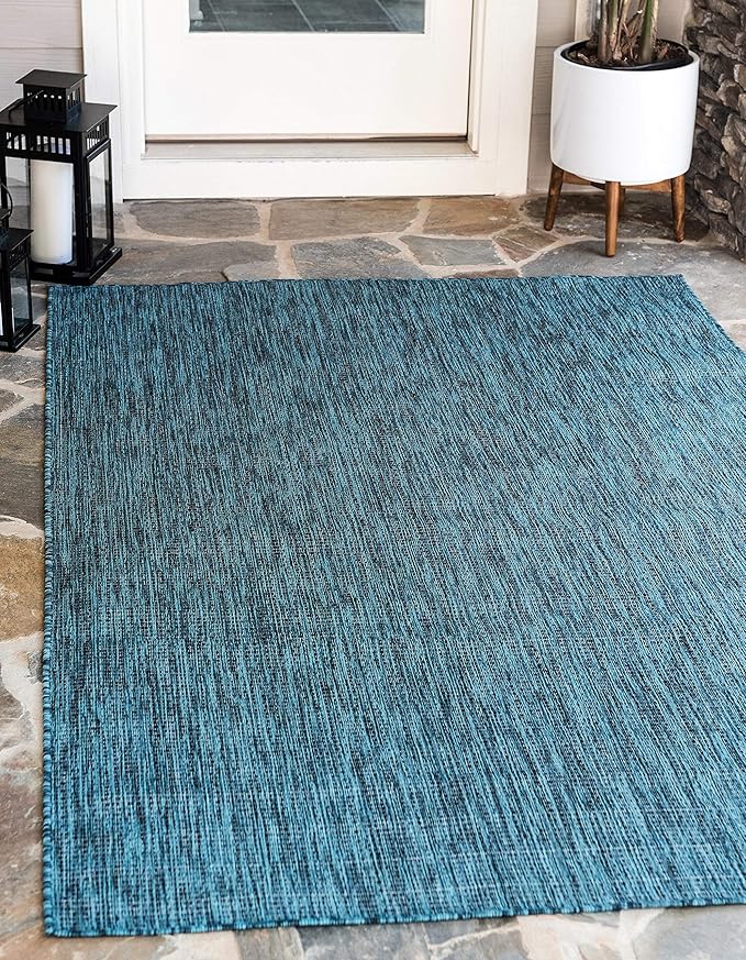 Unique Loom Collection Casual Transitional Solid Heathered Indoor/Outdoor Flatweave Area Rug (6' 1" x 9' Rectangle, Teal/Navy Blue) - Image 2