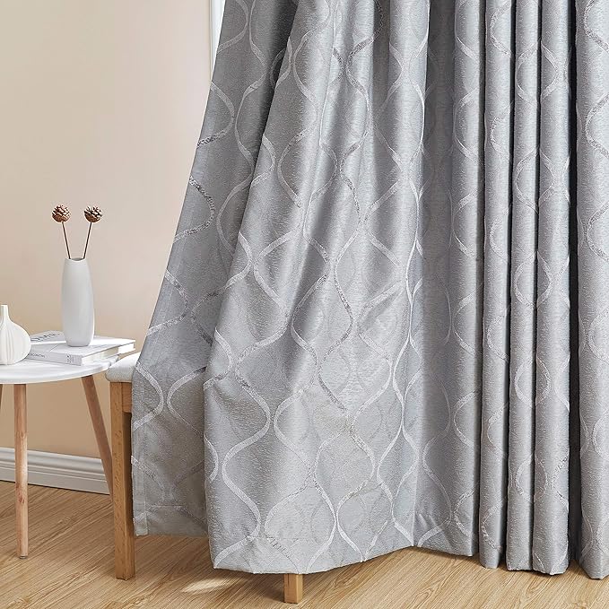 HLC.ME Versailles Lattice Flocked 100% Complete Blackout Thermal Insulated Window Curtain Grommet Panels - Energy Savings & Soundproof, For Living Room & Bedroom, Set of 2 (50 x 63 inches, Light Grey) - Image 5