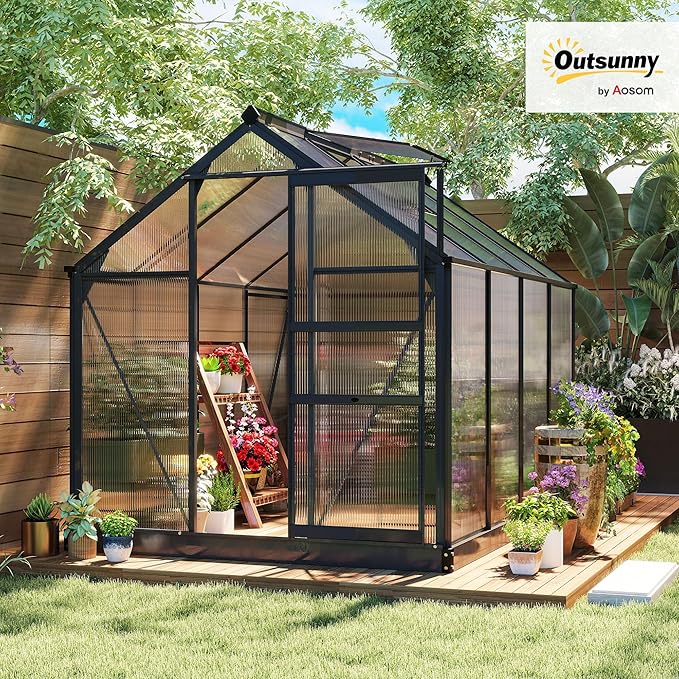 Outsunny 6' x 8' Greenhouse for Outdoors, Polycarbonate Greenhouse with Rain Gutter and Roof Vent, Aluminum Walk-in Green Houses for Outside for Patio Backyard Garden, Gray - Image 2