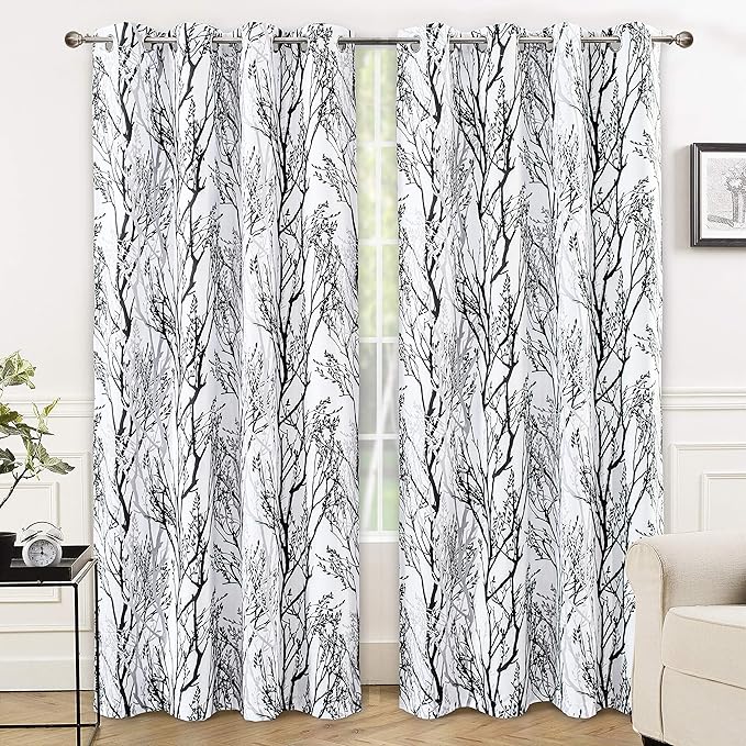 DriftAway Tree Branch Blackout Curtains Double Layer 84 Inches Long for Bedroom Printed Patterned Classic Thermal Insulated Summer Sound Lined Grommet Drapes for Living Room 2 Panels Black/White by DriftAway