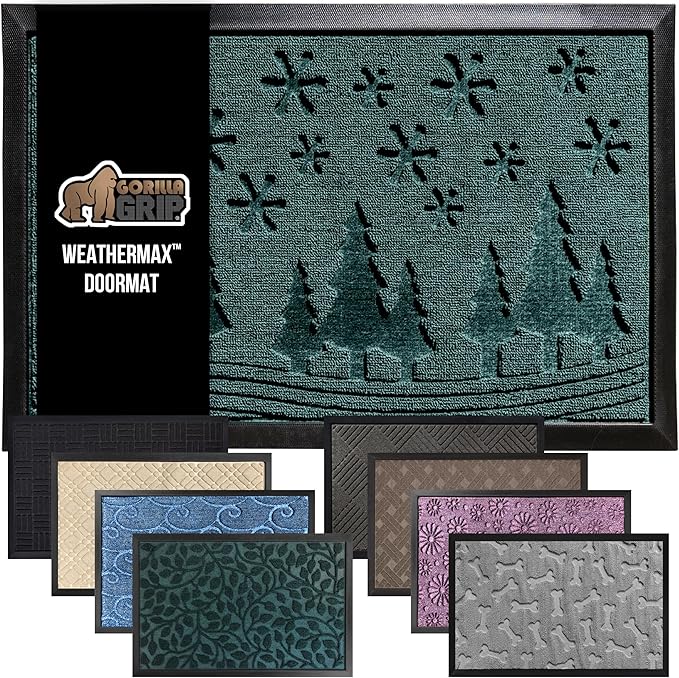 GORILLA GRIP 100% Waterproof All-Season WeatherMax Doormat, 47x35, US Designed Natural Rubber, Stain and Fade Resistant, Low Profile Indoor Outdoor Door Mats, Easy Clean Patio Mat, Green Snowscape by GorillaGrip