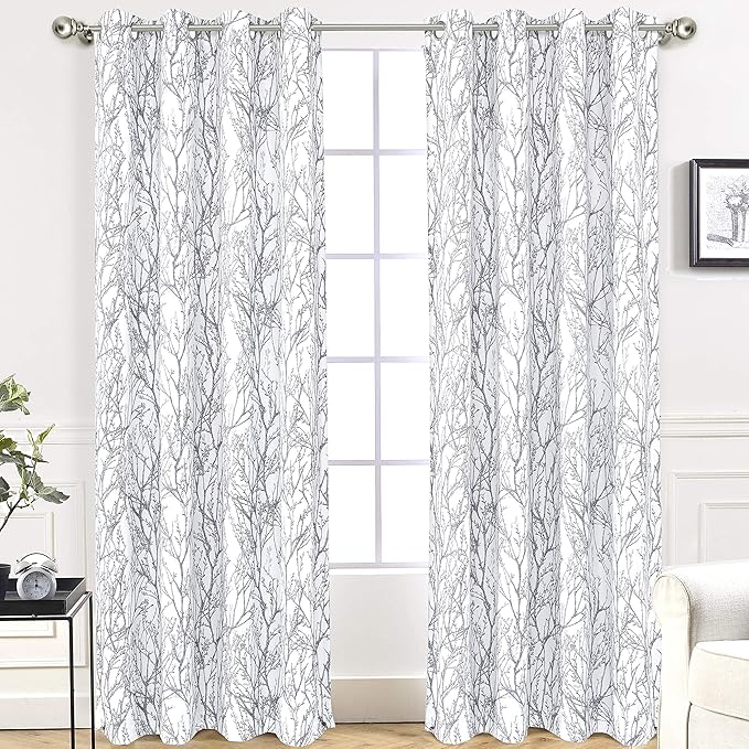 DriftAway Tree Branch Blackout Curtains Double Layer 96 Inches Long for Bedroom Printed Patterned Classic Thermal Insulated Summer Sound Lined Grommet Drapes for Living Room 2 Panels Gray/White by DriftAway