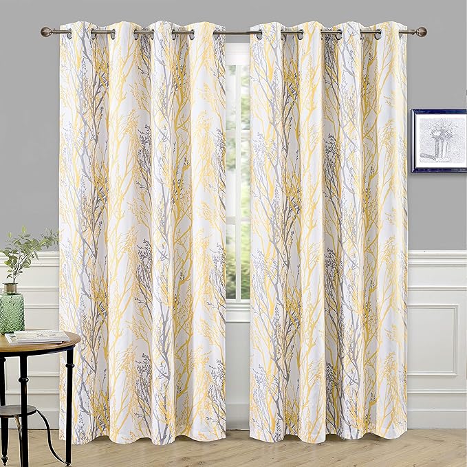 DriftAway Tree Branch Blackout Curtains Double Layer 84 Inches Long for Bedroom Printed Patterned Classic Thermal Insulated Summer Sound Lined Grommet Drapes for Living Room 2 Panels Yellow/White by DriftAway